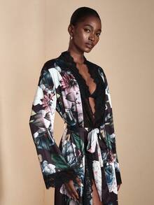 JIAN LASALA Floral Print Satin Silk-Like Elegant Women Loose Maxi Robe With Lace Trim Long Bell Sleeves Luxury Stylish Clothing Collection Floral Robe Curve Robe Mesh Robe Robe Long Sleeve Long Sleeve Robe Women Floral Robe Long Robe - Multicolor - View 6