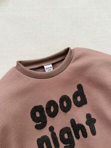 Blossori Young Boys French Elegant Letter Embroidered Crew Neck Long Sleeve Sweatshirt/Jogger Pants Set, Kids Sweat Set,Cozy Fall & Winter Styles - Brown - View 6