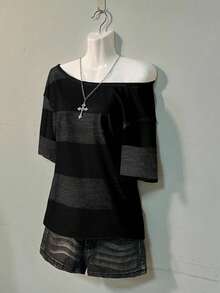 Attitoon Striped Casual Loose Plus Size One-Shoulder Drop Shoulder Short Sleeve T-Shirt, Comfortable & Relaxed College Style For Plus Size Women - Multicolor - View 4