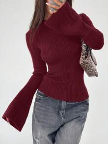 Flirla Áo len bó tay chuông màu trơn thời trang dành cho nữ, Thu/Đông - Màu Đỏ Sâu - Xem 5