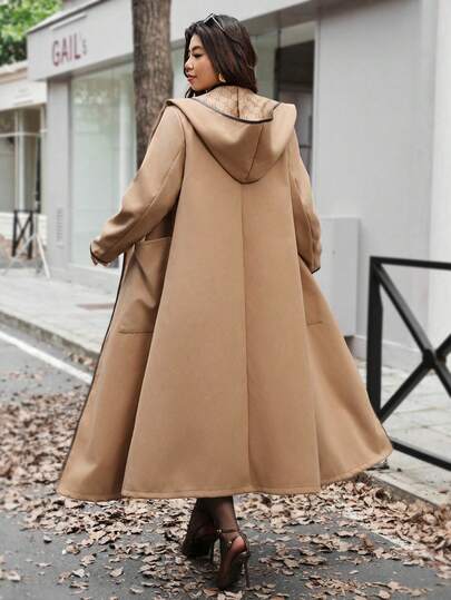 Vionelle 大码女式几何图案连帽口袋大衣，秋冬