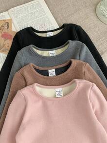 SHEIN Bộ 4 áo liền quần tay dài màu trơn dệt kim dễ thương cho bé gái, bộ đồ liền quần mùa thu/đông cho bé gái, quần áo liền quần cho bé gái, quần áo dài tay màu trung tính cho bé gái, quần áo cho bé gái mùa thu - Nhiều màu - Xem 9