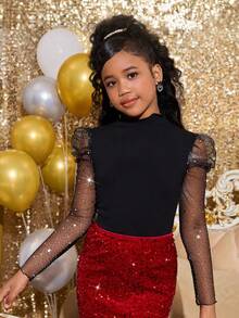 SHEIN 青少年女孩优雅立领亮片网眼拼接修身黑色 T 恤，圣诞节，黑色，亮片，闪光，派对，新年，聚会 - 黑色 - 查看 3