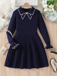 Elladie kids 女童优雅百搭基本款海军蓝新款针织连衣裙，适合小女孩 - 柔软温和的领口长袖毛衣裙，饰有装饰性饰边领口，适合日常穿着和秋冬季 - 藏蓝色 - 查看 3