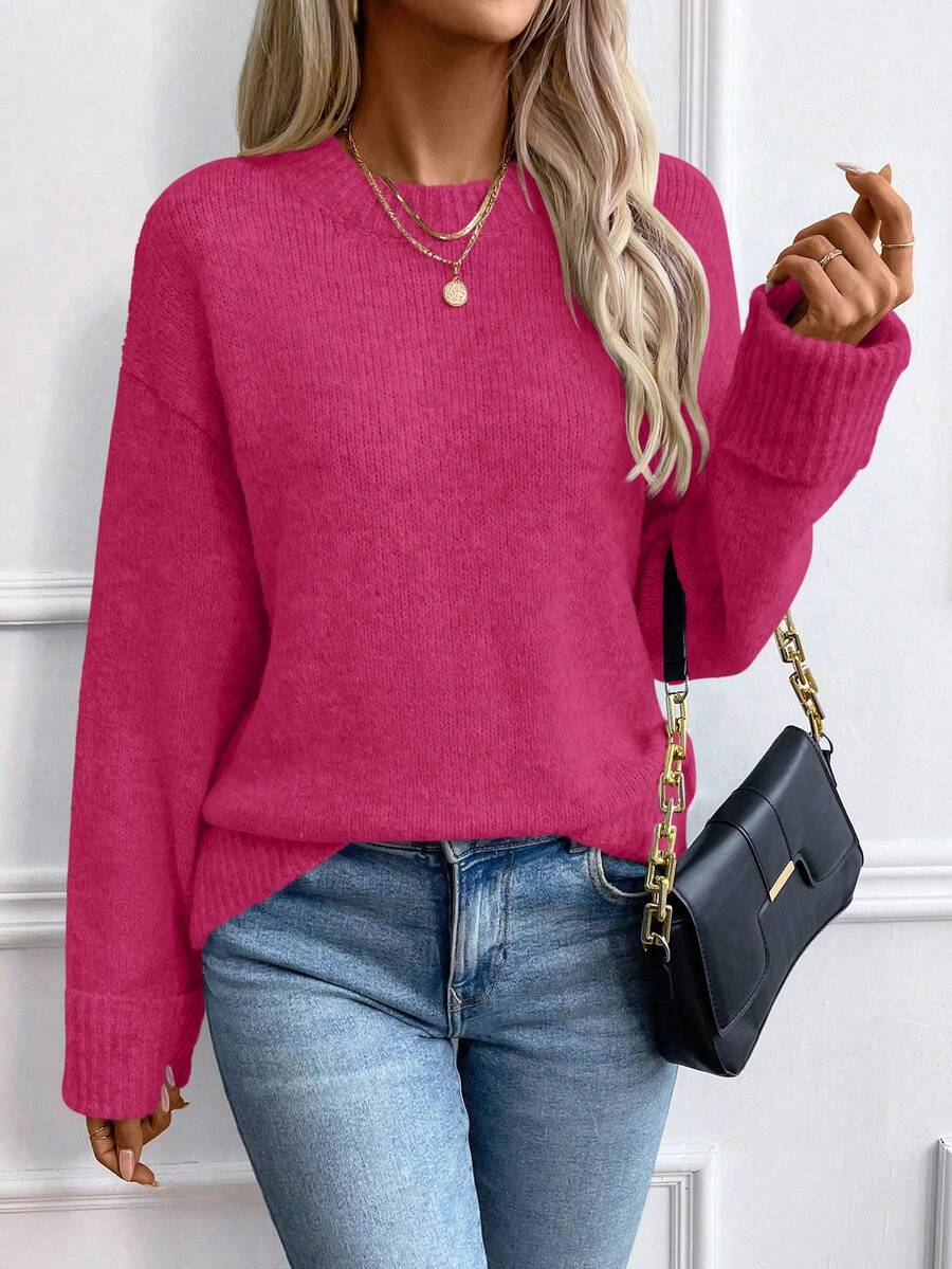 EMERY ROSE Women's Loose Fit Crew Neck Oversized Pullover Sweater With Ribbed Cuffs, Christmas - Hot Pink - View 1
