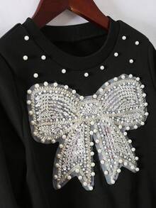 Girls Casual Fashion Daily School Style Round Neck Long Sleeve Loose 3D Pearl Sequin Bow Sweatshirt + High Waist Pleated Denim Mini Skirt 2Pcs Outfit, Back To School Clothes, All Season - Black - View 7