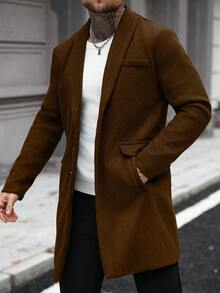 Manfinity Homme 男士纯色口袋纽扣长袖大衣，秋季男士棕色外套，休闲商务风，冬季款 - 棕色 - 查看 6