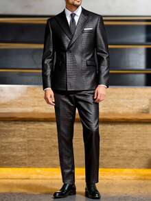 Manfinity AFTRDRK Men's Elegant Single-Button Textured Jacquard Suit Set With Pants, Suitable For Daily Commute, Business, Party And Banquet Wear. This Suit Set Is An Indispensable Versatile Item In A Man's Wardrobe, And Makes A Great Gift For A Boyfriend Or Husband. Men Double Breasted Suit Men Black Suit Set Luxury Clothes For Men Jacket Suit For Men Gala Modern Men Blazer Suit - Black - View 5