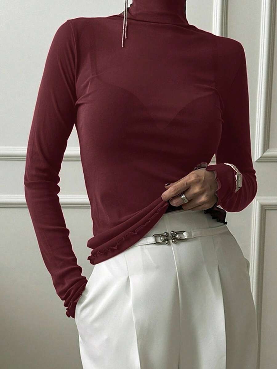 DAZY 女士纯色荷叶边高领修身T恤，咖啡棕色，四季皆宜长袖 - 酒紅色 - 查看 1