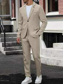Manfinity Mode 男士纯色翻领长袖西装外套和裤子，休闲西装套装男士米色西装米色西装男士奶油色西装男士男士卡其色西装男士夏季西装。送给男朋友或丈夫的绝佳礼物。 - 米色 - 查看 5