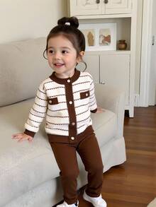 SHEIN Playful Pals 2pcs Baby Girl Casual Cute Long Sleeve Striped Faux Pocket Knit Cardigan And Knit Pants Set, Suitable For Daily Outings And Travel