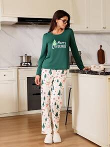CoupledUp Doze Lane Christmas Element Print Long Sleeve Top & Pants Pajama Set For Women Christmas Pajamas Women Women's Pj Sets Loungewear Women Set, Fall Winter Clothes - Army Green - View 4
