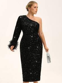 Aveloria Rosie Plus Size Women's Autumn/Winter New Arrival, Heavily Embellished Sequin One Shoulder Long Sleeve Asymmetric Design, French Luxury Elegant High Waist Fitted Slimming Long Dress, Double Layer Feather Cuff Decoration, Sophisticated Little Black Dress Versatile High-End, Suitable For Formal Occasions, Weddings, Parties