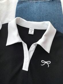 Teen Girl Contrast Color Splice Collar Long Sleeve Bow Decor Casual T-Shirt