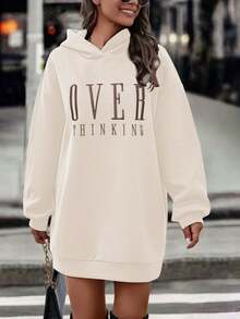 EMERY ROSE Women's Casual Printed Drop Shoulder Hooded Long Sweatshirt - Apricot - View 5