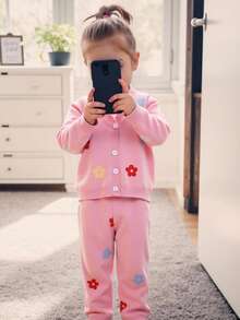 SHEIN 2pcs Baby Girls Floral Print Knit Cardigan Sweater And Wide Leg Pants Set, Casual, Comfortable, Versatile, Suitable For Everyday Wear, Autumn/Winter - Pink - View 3