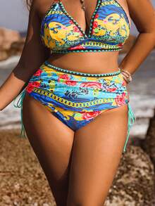 Swim Vcay 大码女式系带印花性感比基尼泳裤，适合海滩度假 - 彩色 - 查看 1