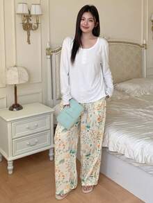 Dazy Plus 2 piezas Conjunto de ropa de casa de moda para mujer de talla grande, blusa blanca y pantalones con estampado floral, se puede usar en exteriores, ropa de otoño e invierno - Blanco - Ver 4