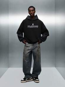 PLAYBOY X SUMWON Oversized Pullover Hoodie With Drawstring Hood And Centre Pocket Casual Streetwear Sweatshirt - Black - View 5