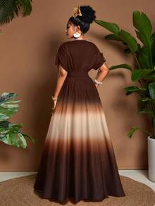 Eryvara Đầm maxi chữ A thắt nơ cổ chữ V họa tiết ombre lãng mạn thanh lịch dành cho nữ, thiết kế đa năng cho các buổi đi chơi, bãi biển, lễ hội âm nhạc, trang phục dự tiệc cưới tốt nghiệp cho khách mời, phong cách công sở thường ngày Boho, thắt nơ eo đàn hồi, du lịch nghỉ dưỡng, váy maxi chữ A mùa xuân/hè/thu - Cà phê - Xem 2