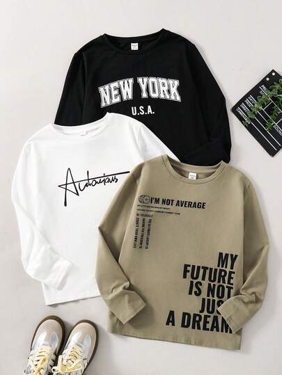 SHEIN 3pcs/Set Tween Boys' Casual Everyday Comfortable Letter Print Loose Fit Crew Neck Long Sleeve T-Shirts, 3 Different Designs Suitable For Birthday Parties, Evening Parties, Performances, Weddings, Baptisms, Opening Ceremonies Daily Suitable For Daily Use Suitable For School Suitable For Travel Suitable For Sports Cozy Fall & Winter Styles Styles Confortables D'automne&Hiver