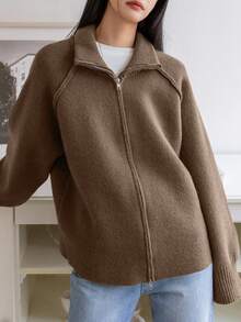 Dazy-Less Women's Loose Business Casual Chic Street Elegant Stand Collar Cardigan Sweater, Color Block, Autumn/Winter - Brown - View 3
