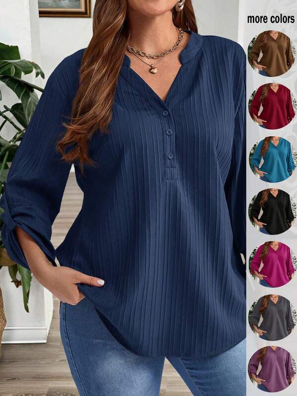 EMERY ROSE Blusa casual de talla grande de unicolor con cuello con muesca y mangas enrolladas, ropa de invierno