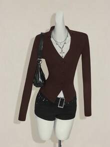 SHEIN ICON Fitted Long Sleeve T-Shirt With Embroidered Floral Mesh Back Panel - Brown - View 4