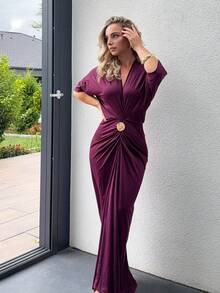 Jeta Ari Women's Solid Color Overlap V-Neck Batwing Sleeve Pleated Elegant Dress Formal Dresses For Wedding Guest - Purple - View 4