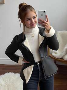 SHEIN Jaket Crop Super Nyaman untuk Anak Perempuan Remaja Musim Dingin, Elegan, Model Blok Warna, Bahan PU Fleece Tebal, Pinggang Berkerut, Hem Bergelombang, Resleting Depan Metalik, Warna Hitam - Hitam - View 7