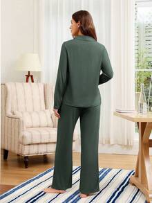 SHEIN Doze Lane Lazeform Button Soft & Skin-Friendly Unisex Fashionable Loungewear Pajama Set Sage Green Pajama Set Green Pj Set Fall Winter Clothes - Dark Green - View 2
