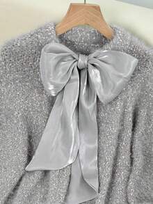 Franclia Women's Elegant Cute Sweet Lady Date Daily Thanksgiving Party Christmas New Year Simple Design Raglan Flared Sleeves Ribbon Tie Bow Solid Color Gray Pullover Floral Yarn Knitted Short Loose Plus Size Sweater Dress, Fall Winter