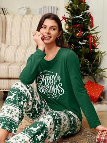 SHEIN Doze Lane 圣诞元素印花长袖上衣和裤子女士睡衣套装，圣诞节绿色睡衣套装，秋冬服装 - 墨綠色 - 查看 1