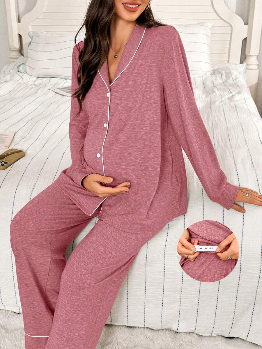 Moonlight&Mama Bộ đồ ngủ 2 món thoải mái, tay dài cổ viền tương phản Moonlight & Mama dành cho nữ, mùa đông - Đỏ - Xem 1