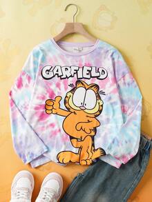 GARFIELD | SHEIN Tween Girl Cartoon Cat Print Tie-Dye Drop Shoulder Long Sleeve Knit T-Shirt - Pink - View 1