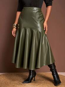 Veslaya 2026秋冬新款优雅复古浪漫波西米亚经典性感复古风女装日常、约会、外出、派对橄榄绿PU紧身鱼尾裙，大码下装 - 軍綠色 - 查看 3