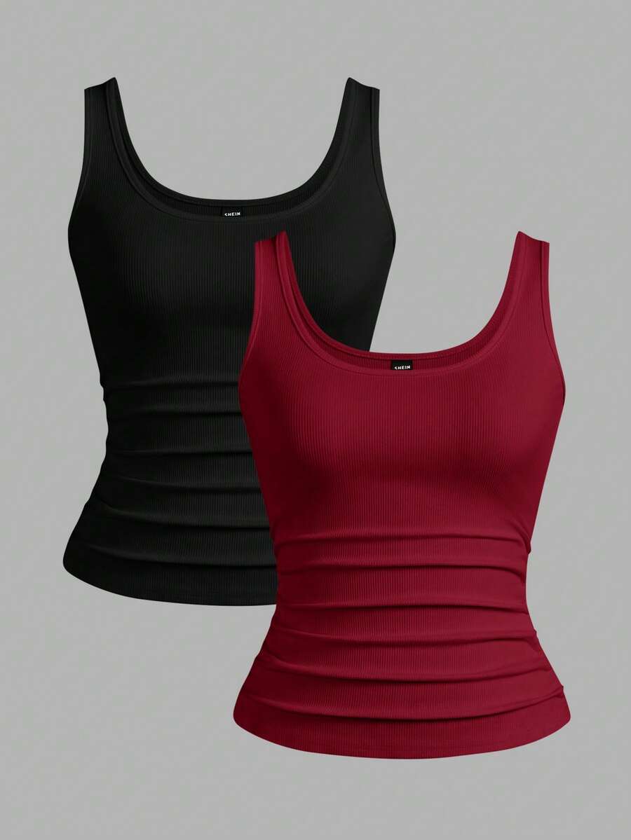 Slaydiva 3件装 黑色+白色 休闲基本款工字背心 无袖 深V领 罗纹 女式背心 - 彩色 - 查看 1