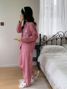 女士宽松舒适红色格子休闲简约兔子刺绣图案两件套睡衣套装 - 紅白色 - 查看 3
