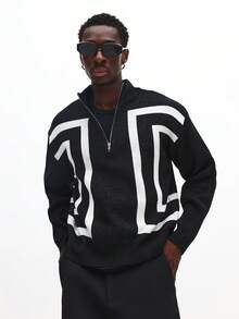 SUMWON Regular Quarter Zip Raised Neck Knitted Jumper With Logo Pattern Chunky Knit Pullover Sweater Plain - Black and White - View 5