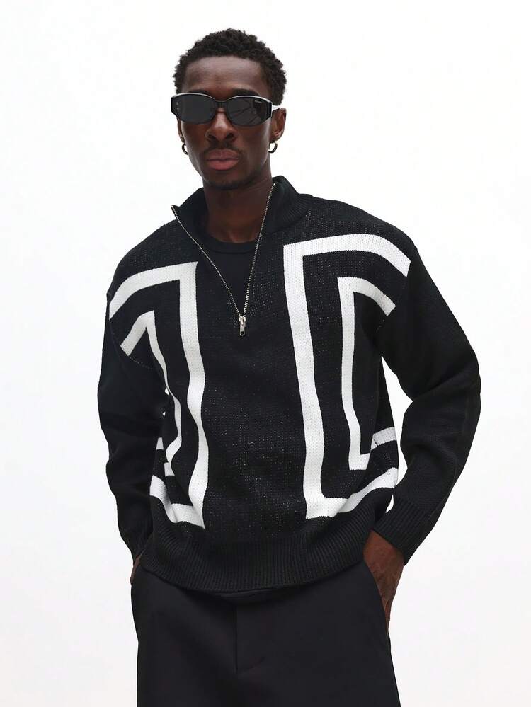 Quarter Zip Knitted Jumper With Logo Pattern