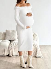 SHEIN Vestido de maternidad elegante de patchwork con ribete de piel sintética sin hombros y ajustado, para otoño/invierno - Blanco - Ver 3