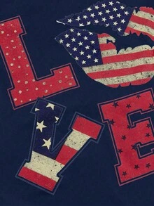 ROMWE Avant Women's Asymmetrical Shoulder Flag & Lip Print T-Shirt, Concert - Navy Blue - View 5