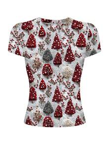 INAWLY 圣诞元素数码印花女式修身圆领T恤，圣诞树图案印花短袖T恤 - 彩色 - 查看 4