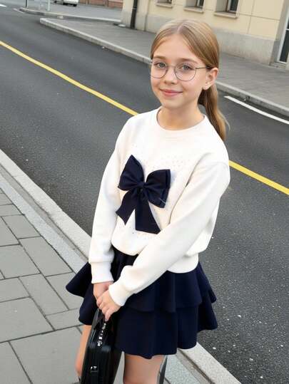 SHEIN Conjunto de 2 peças/conjunto de camiseta e calça estampada casual simples para meninas pré-adolescentes com bolsa, roupa da moda para meninas pré-adolescentes, versátil para o dia a dia