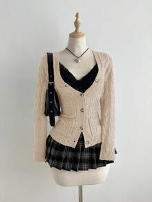 Elamini Áo khoác cardigan dáng ôm màu trơn thời trang dành cho nữ - Màu Khaki - Xem 7