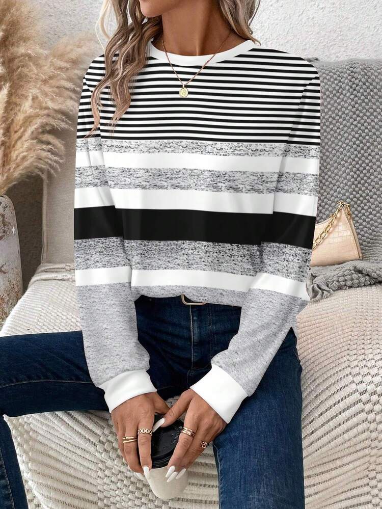 EMERY ROSE Casual Minimalist Style Faux Mechanical Colorblock Black & White Striped Placement Print Long Sleeve T-Shirt For Women, Suitable For Autumn/Winter,Fall,Fall Clothes For Women - Multicolor - View 3