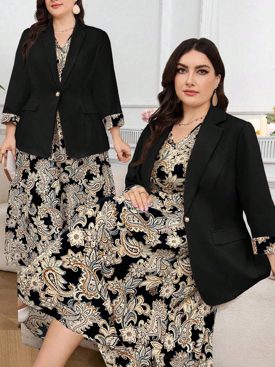 Modelyn Conjunto de vestido y blazer de talla grande para mujer con estampado de paisley, cuello en V y sin mangas, para otoño/invierno