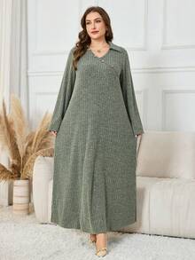 Lacomfia Plus Size Elegant Casual Solid Color Ribbed Long Sleeve Dress - Army Green - View 3