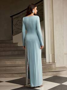 ZEYLAH Sequin Patchwork Maxi Elegant Dress For Women - Blue - View 3