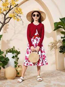 Tween Girl Floral Print Dress & Ruffle Trim Jacket,Holiday,Summer,Travel - Burgundy - View 4